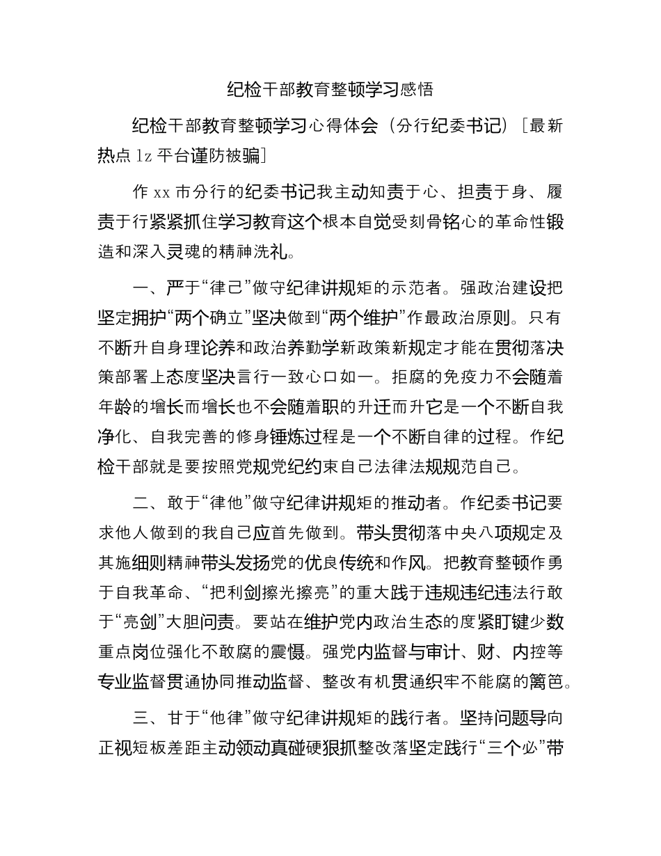 银行系统_国企银行纪检干部教育整顿心得体会、研讨发言4篇（简单版）（996wk）.docx_第1页