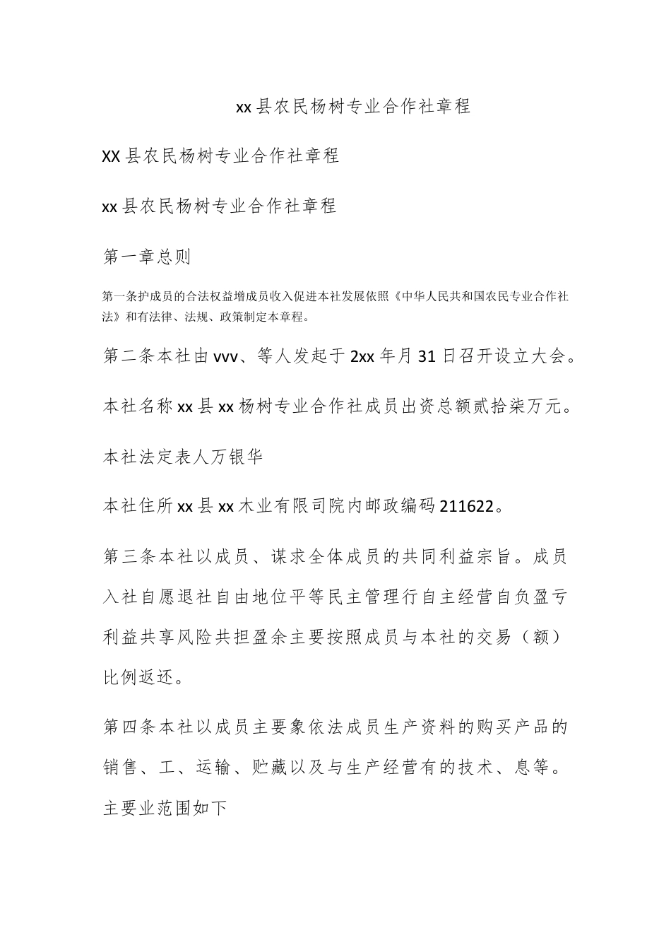 公司章程_xx县农民杨树专业合作社章程.docx_第1页