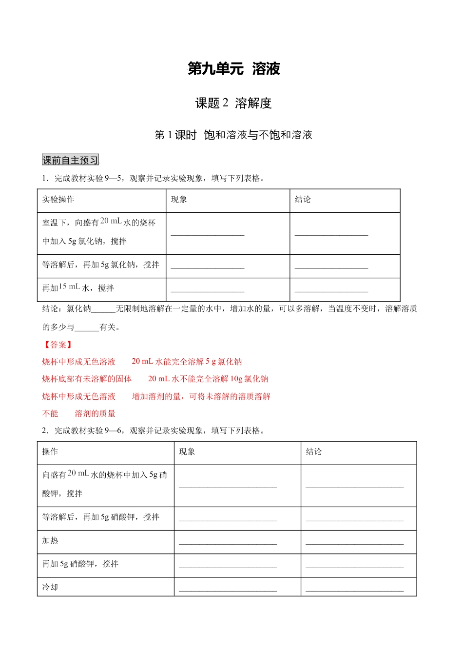 9下初中化学试卷_【人教化学九年级下】课时练习_九年级化学下册同步课时轻松过（人教版）_9.2.1饱和溶液与不饱和溶液（人教版）（解析版）.docx_第1页