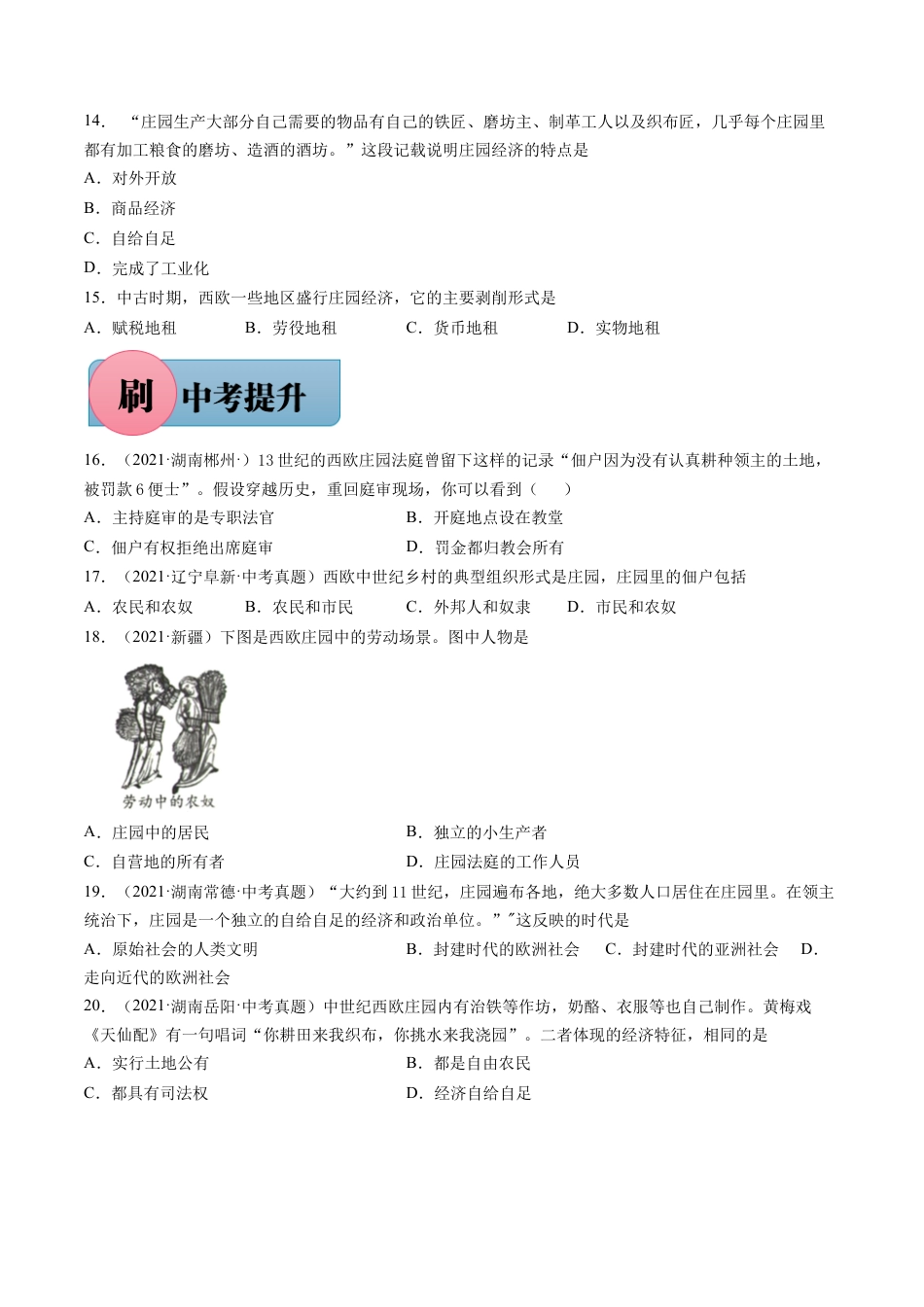 历史人教版9上试卷_1_同步练习_【必刷题】2021_2022学年九年级历史上册同步练习（部编版）【263345621】_第8课西欧庄园（含答案解析）_【必刷题】2021_2022学年九年级历史上册同步练习（部编版）.docx_第3页