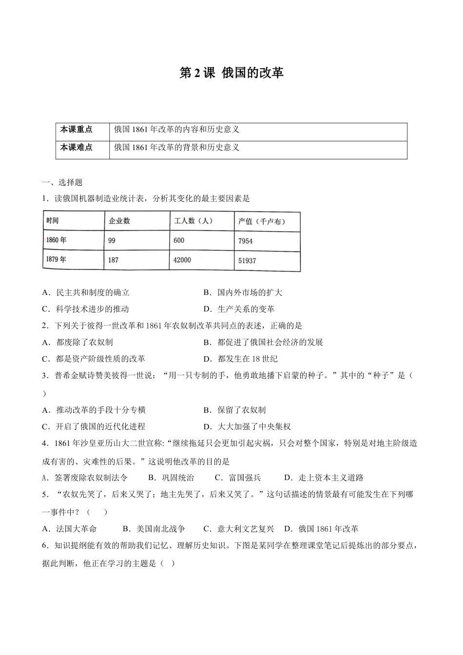 历史人教版9下试卷_1_同步练习_2021_2022学年九年级历史下册课后培优练（部编版）【266187022】_第2课俄国的改革_2021_2022学年九年级历史下册课后培优练（部编版）_第2课俄国的改革（原卷版）_2021_2022学年九年级历史下册课后培优练（部编版）.doc_第1页