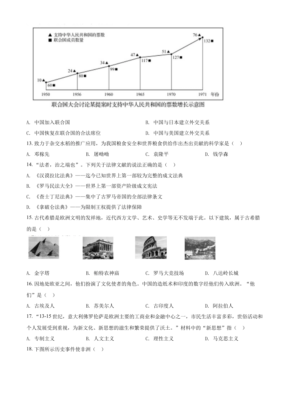 历史人教版9下试卷_赠2021_2022历史中考真题_2022中考历史真题20_精品解析：2022年辽宁省盘锦市中考历史真题（原卷版）.docx_第3页